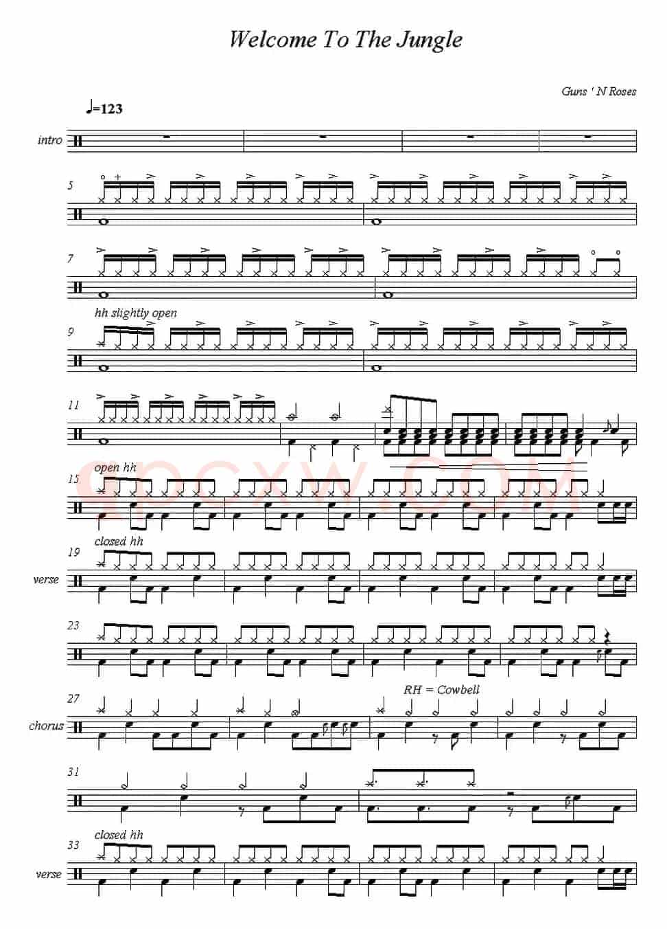 爵士鼓谱：Guns n' Roses - Welcome to the jungle