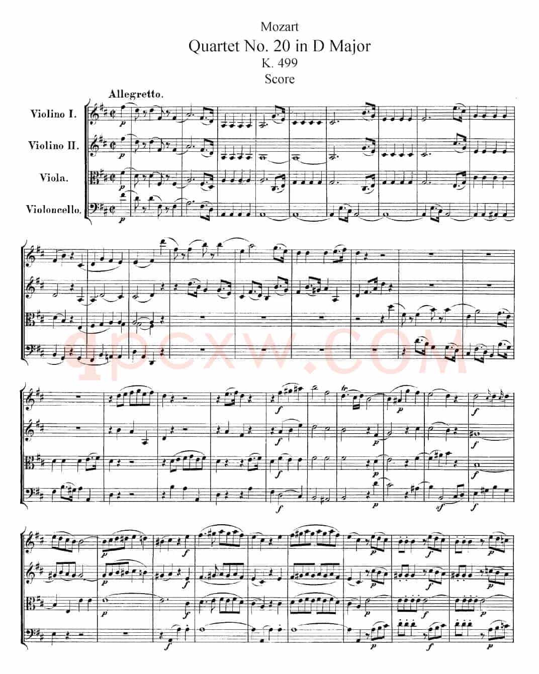 Mozart《Quartet No.20 in D Major,K.499》（总谱）