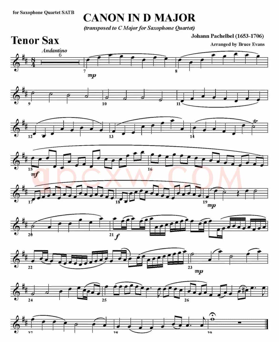 CANON IN D MAJOR（四重奏·次中音萨克斯分谱）
