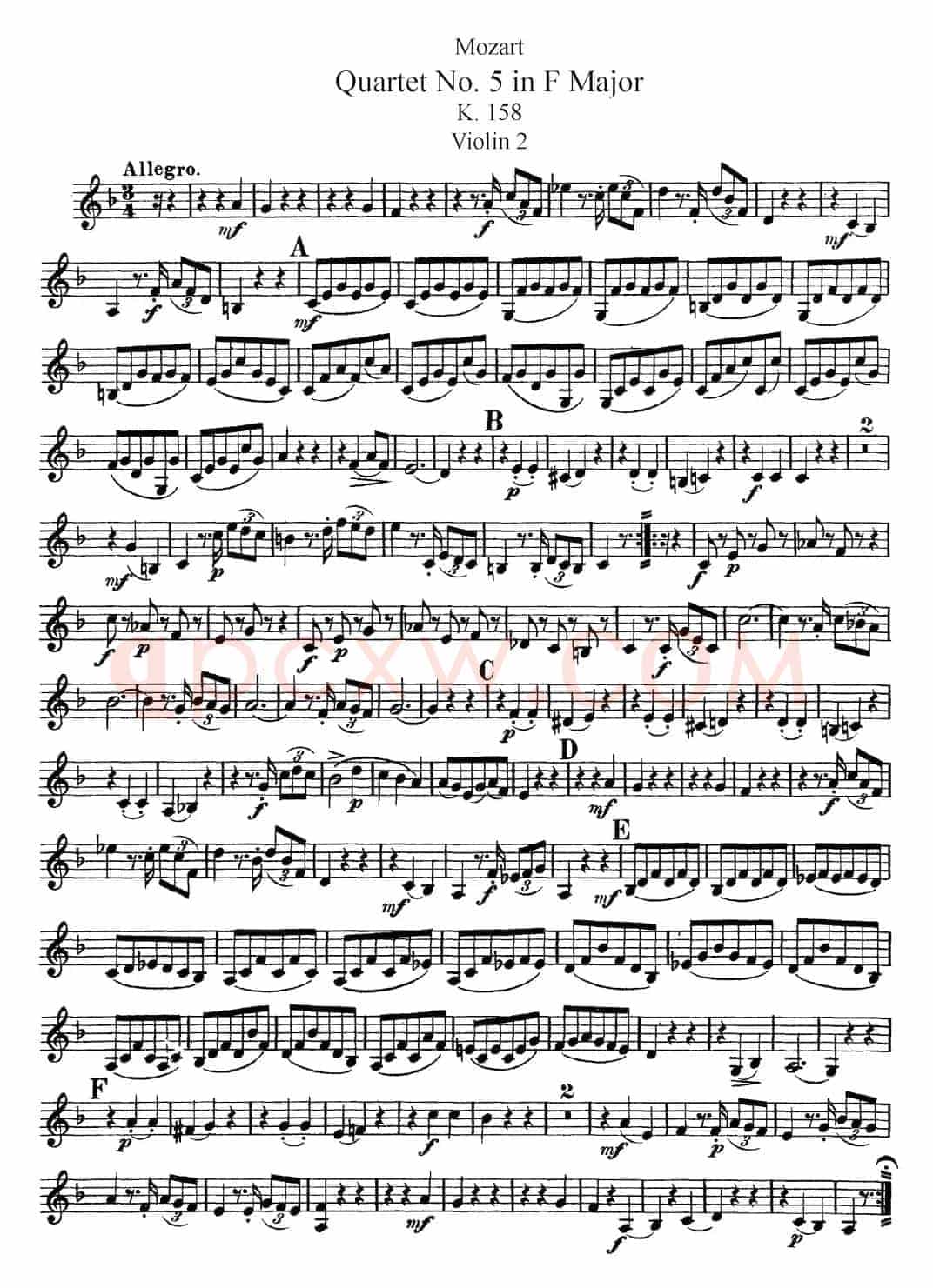 Mozart《Quartet No.5 in F Major,K.158》（Violin 2分谱）