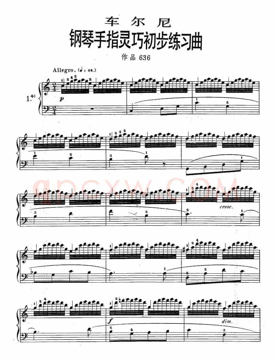 车尔尼《钢琴手指灵巧初步练习曲》之一