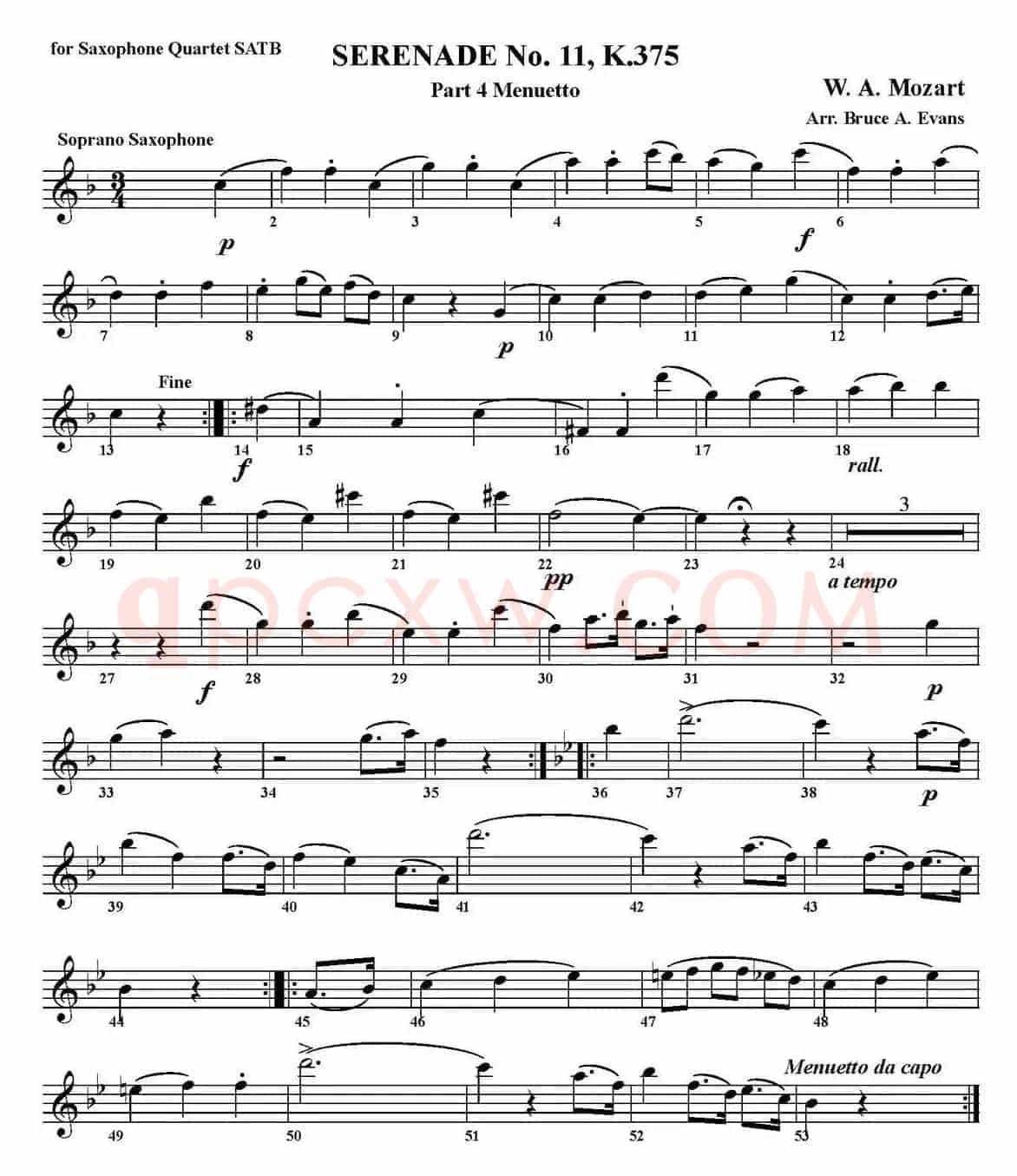 SERENADE No.11，K.375 Part 4 Menuetto（四重奏·高音萨克斯分谱）