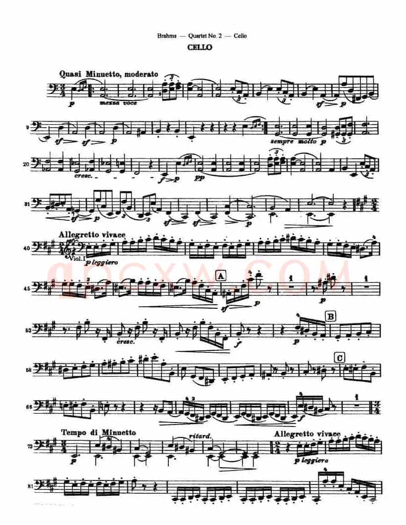 勃拉姆斯《Quartet No.2》Op.51（大提琴谱）
