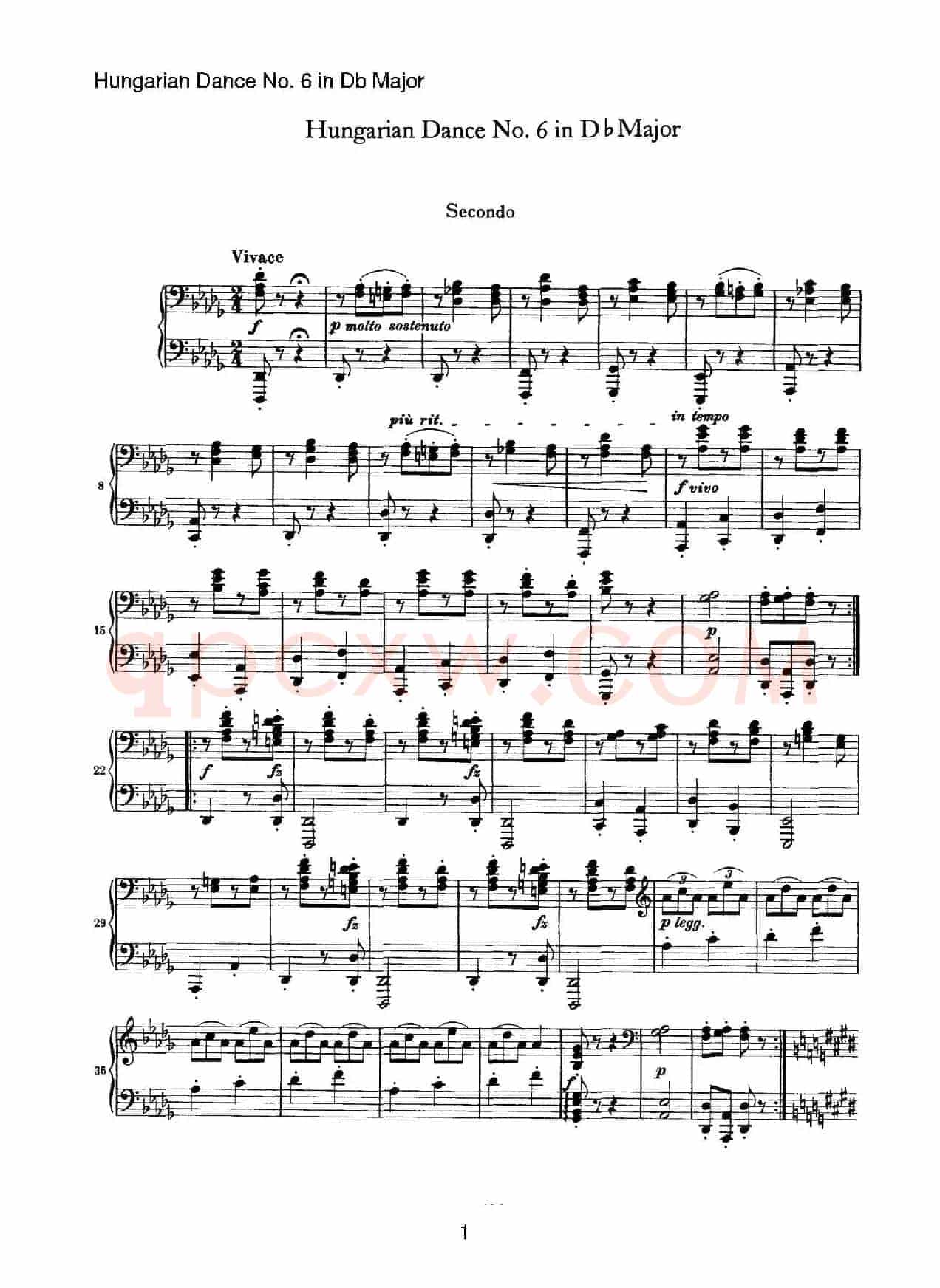 Hungarian Dance for four hands No 6 in Db Major