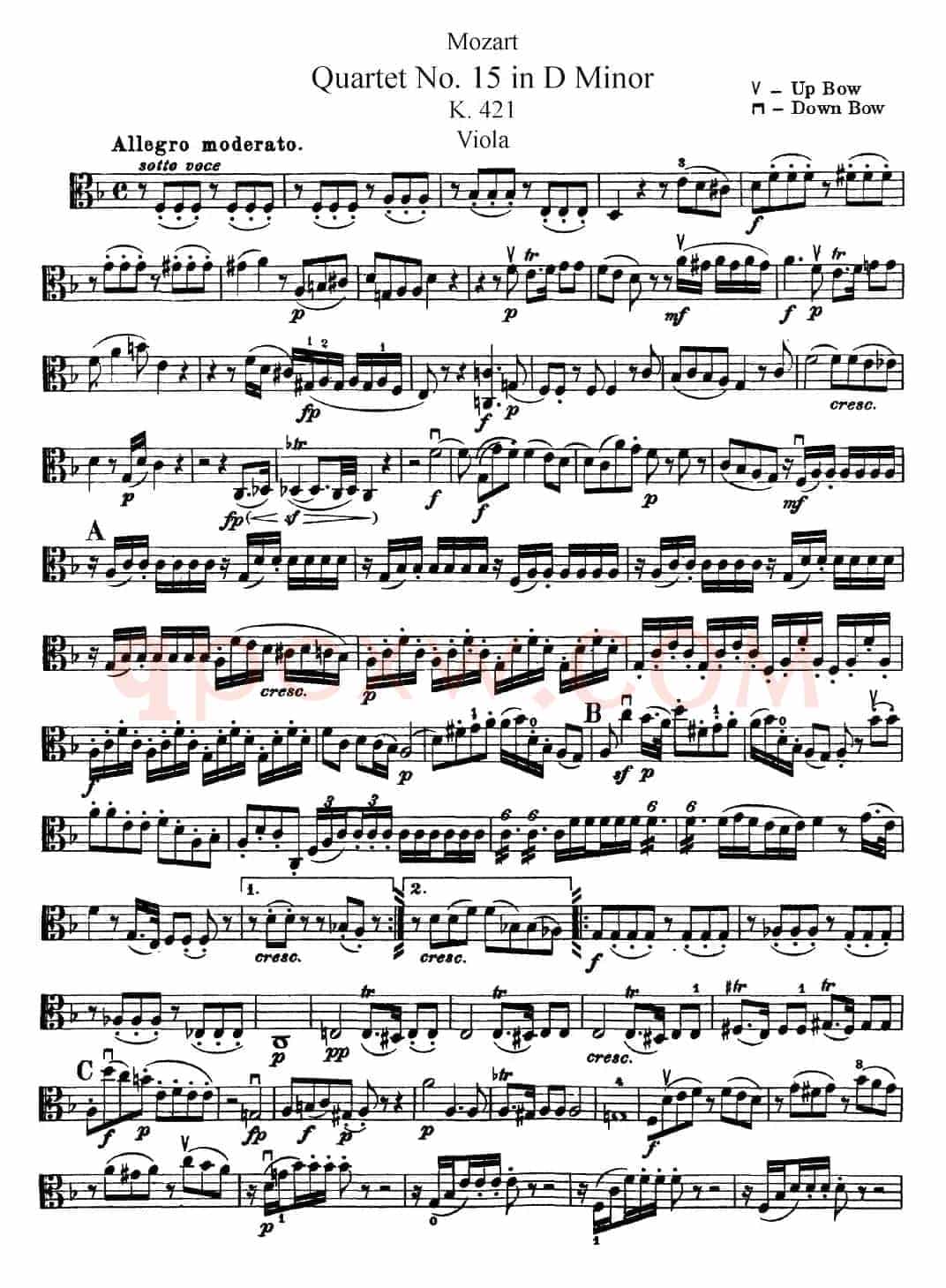 Mozart《Quartet No.15 in D Minor,K.421》（Viola分谱）