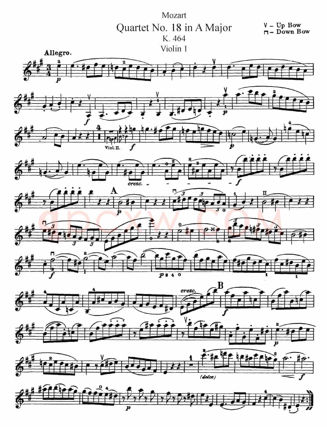Mozart《Quartet No.18 in A Major,K.464》（Violin 1分谱）