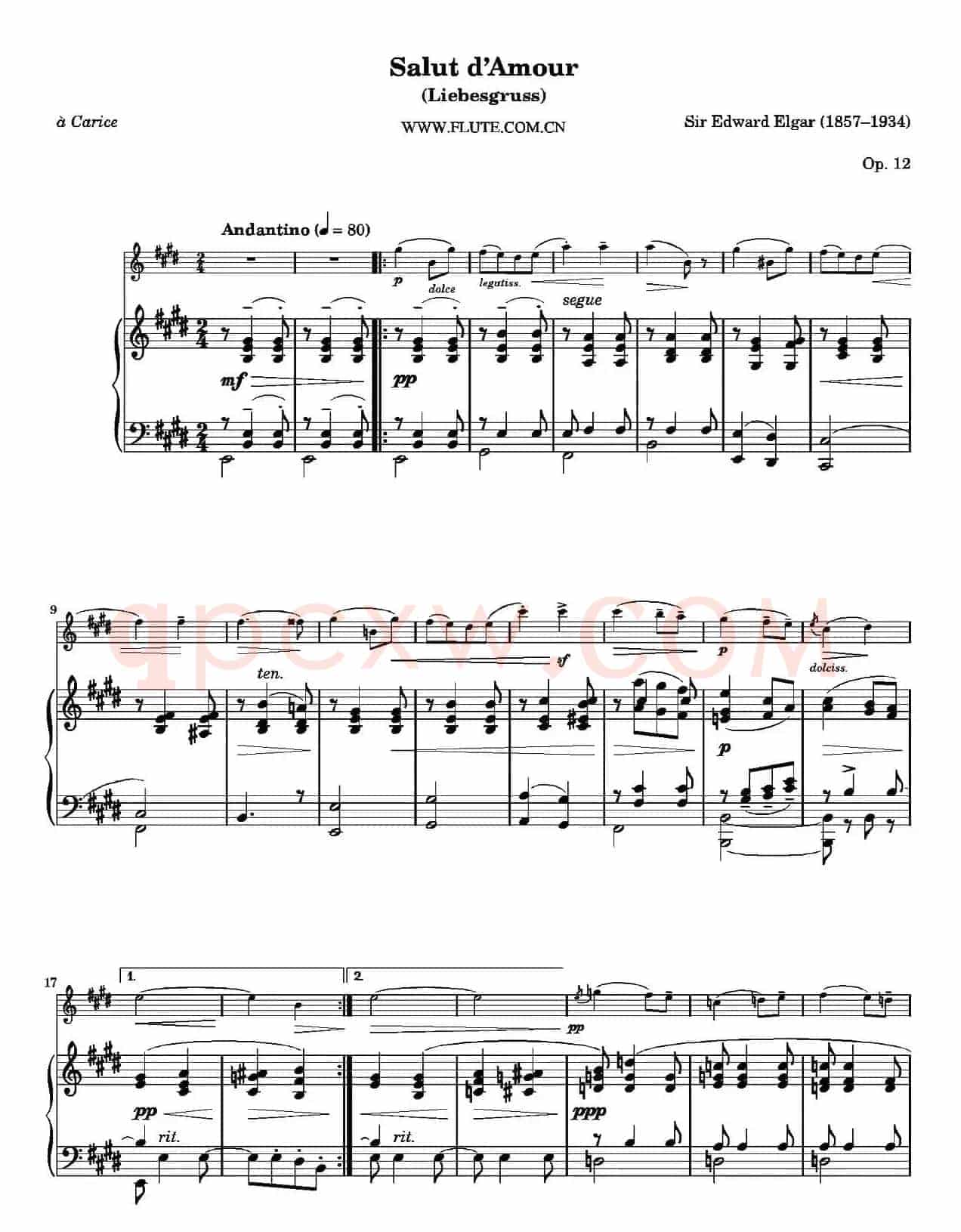 Salut d'Amour Op.12（爱的致意）（长笛+钢琴伴奏）