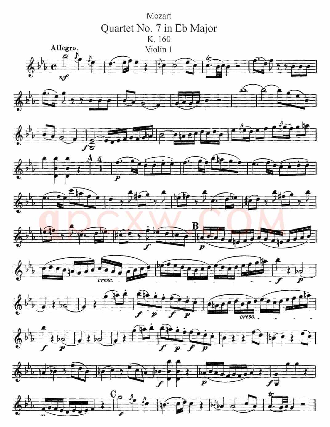 Mozart《Quartet No.7 in Eb Major,K.160》（Violin 1分谱）