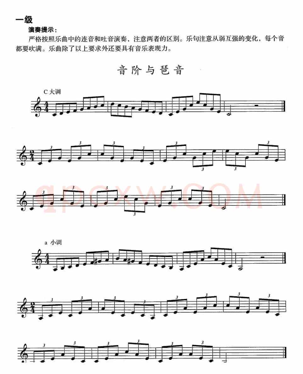 小号考级一级：音阶与琶音（F大调、d小调）