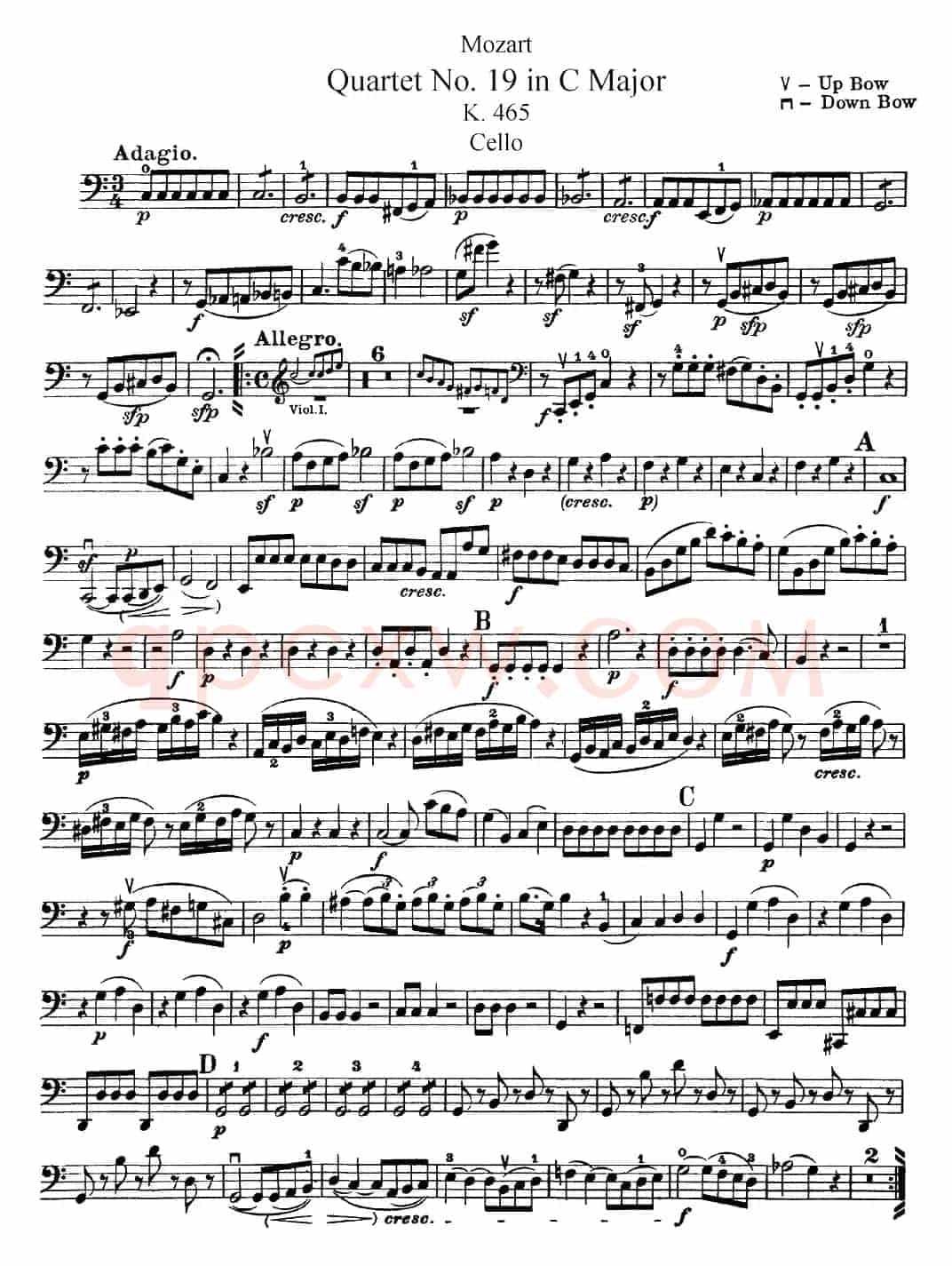 Mozart《Quartet No.19 in C Major,K.465》（Cello分谱）