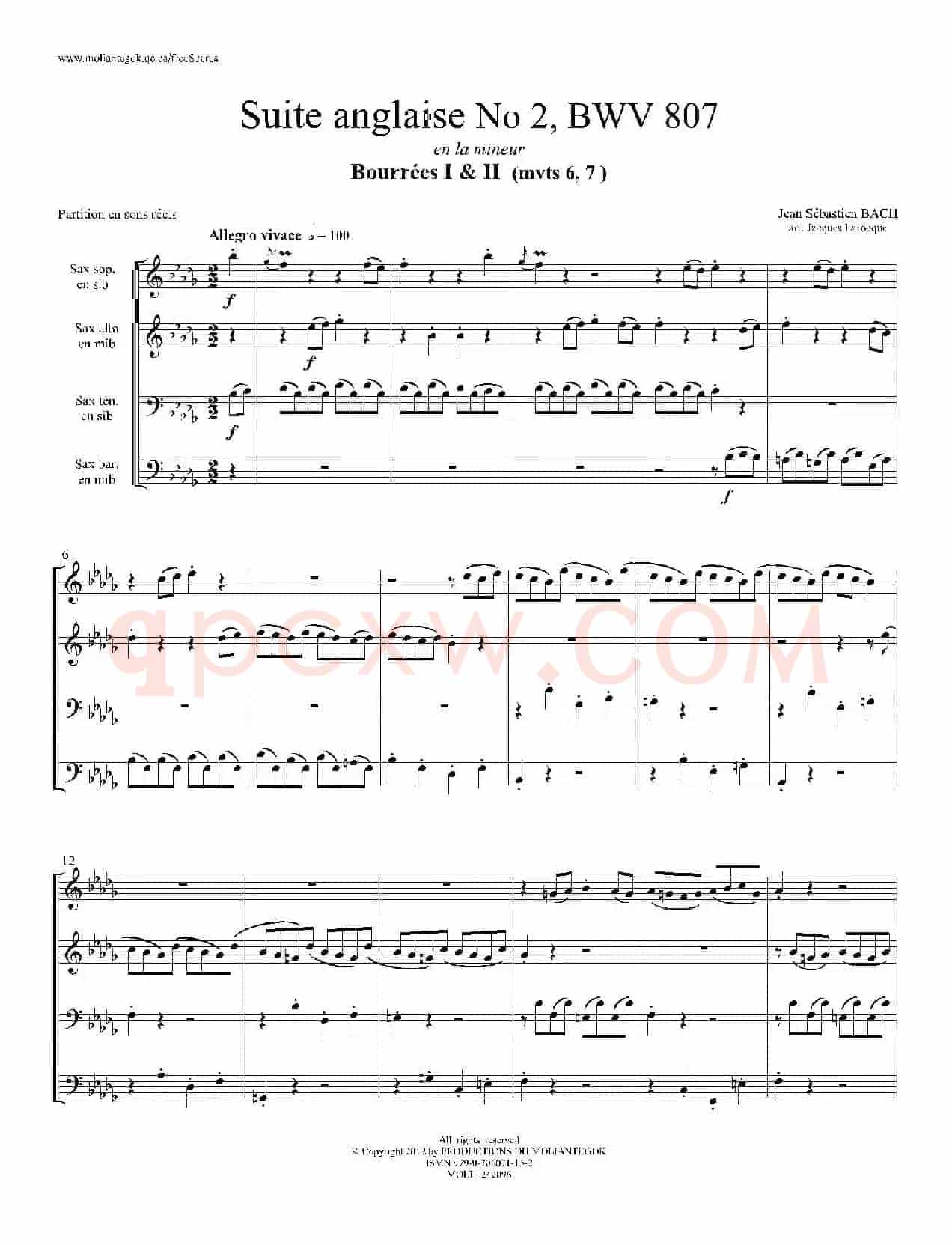 Suite anglaise No 2,BWV 807（法国组曲之二·布列舞曲）（四重奏总谱）