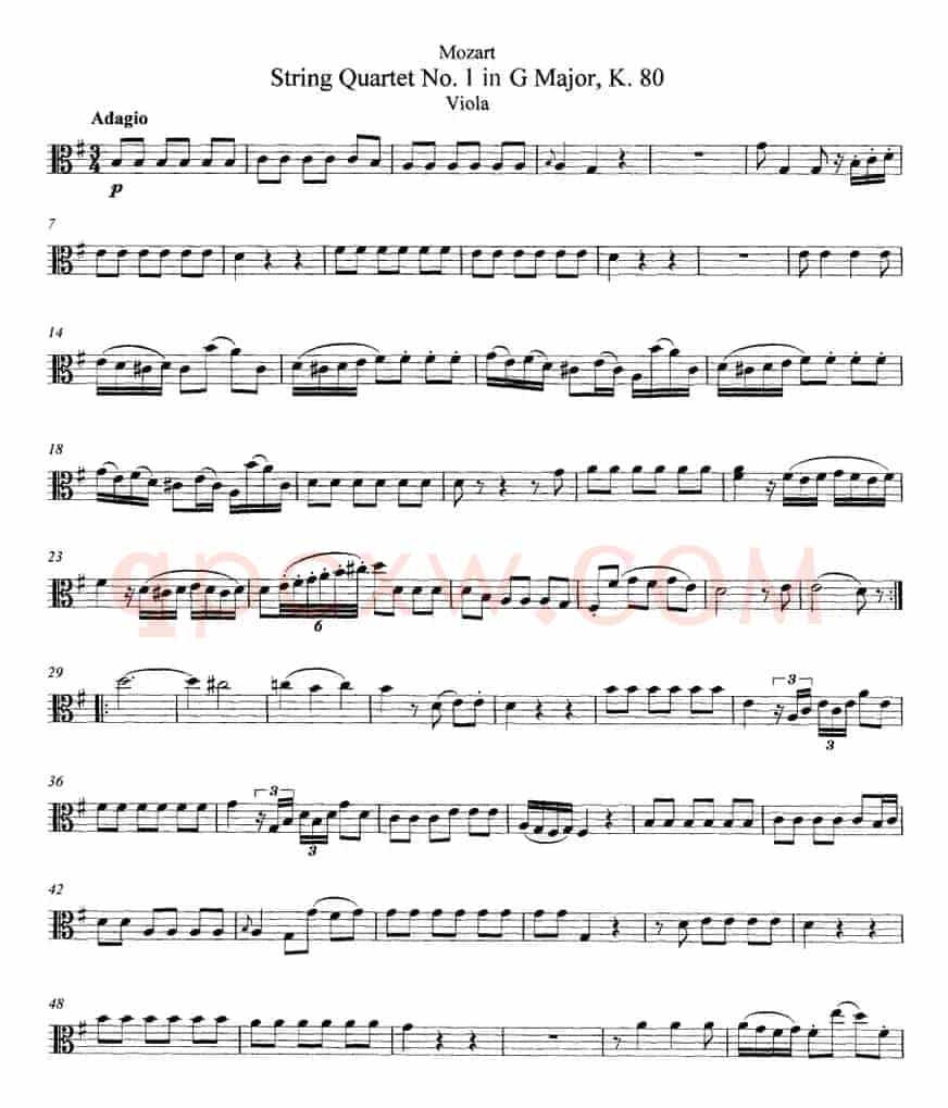 Mozart《String Quartet No.1 in G Major,K.80》（Viola分谱）