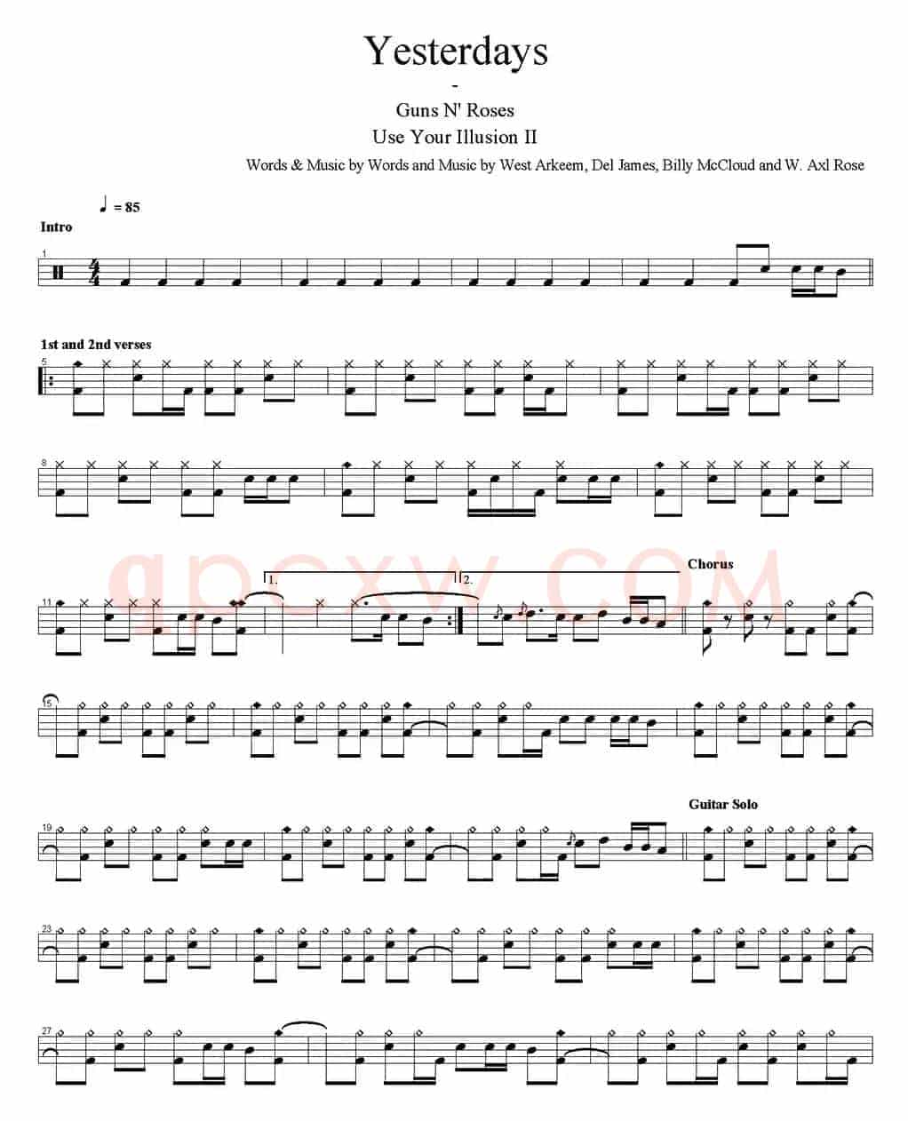爵士鼓谱：Guns n' Roses - Yesterdays