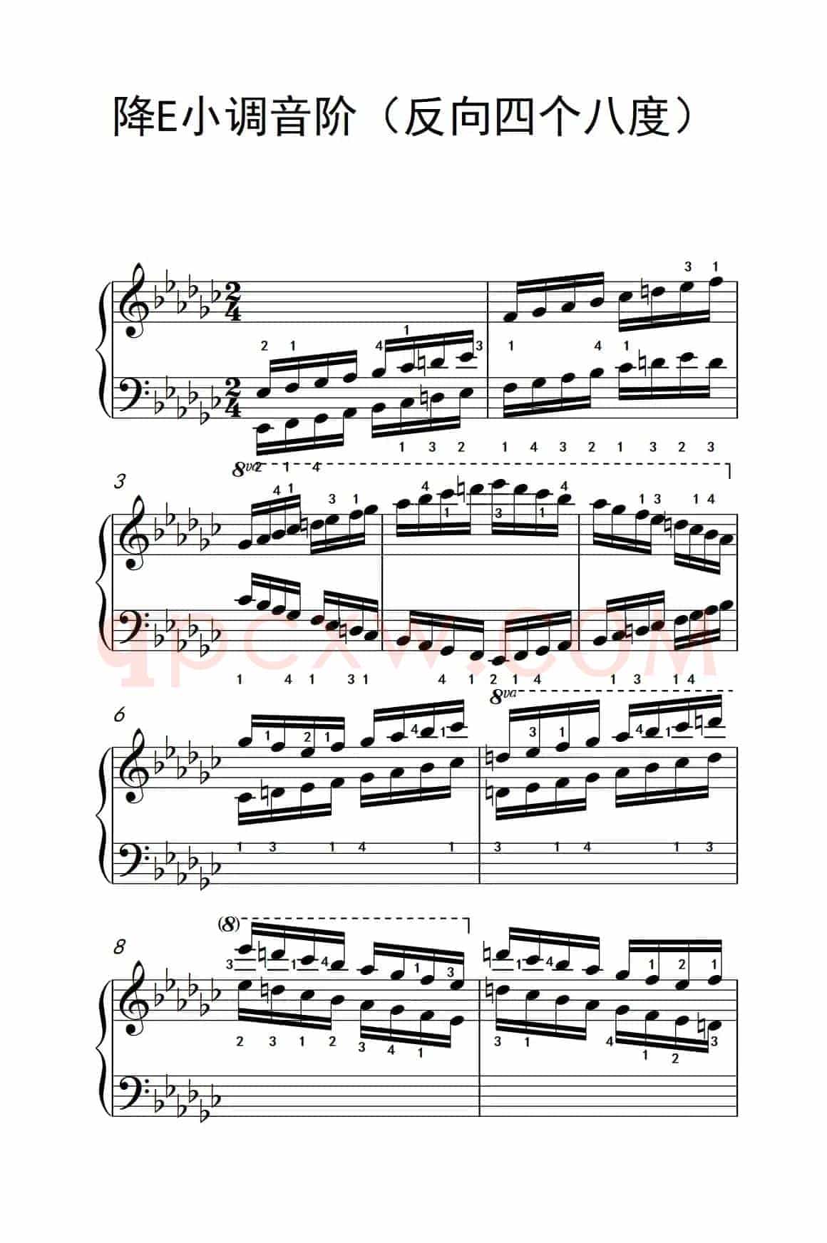 降E小调音阶（反向四个八度）（孩子们的钢琴音阶、和弦与琶音 2）