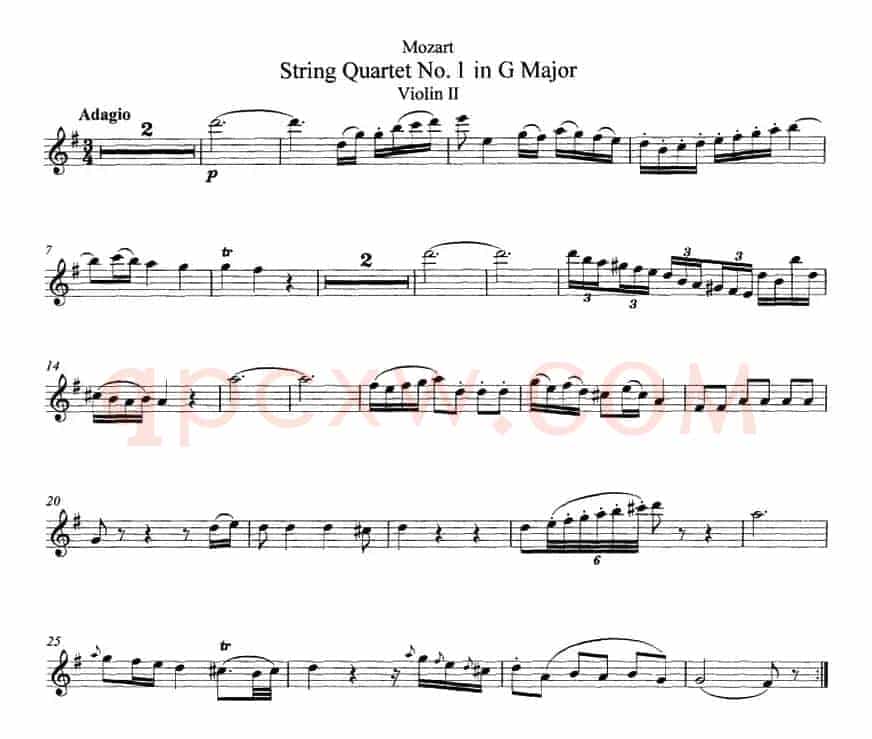 Mozart《String Quartet No.1 in G Major,K.80》（Violin Ⅱ分谱）