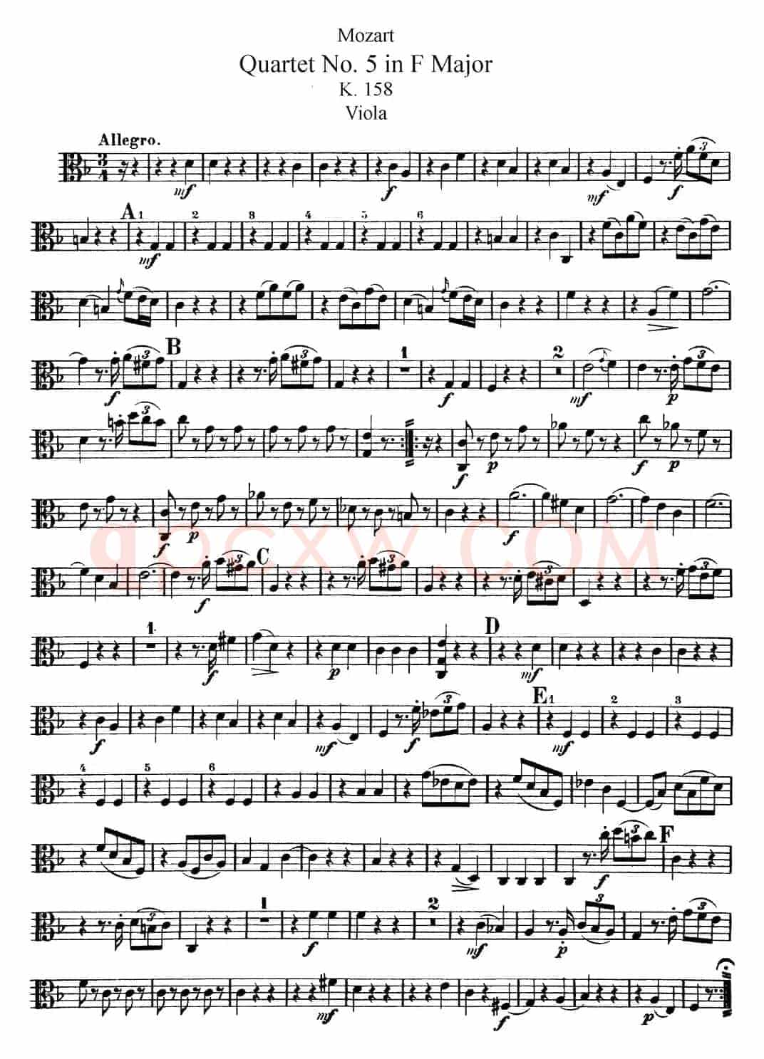 Mozart《Quartet No.5 in F Major,K.158》（Viola分谱）