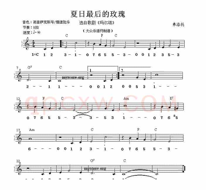 夏日最后的玫瑰（双谱式电子琴谱）