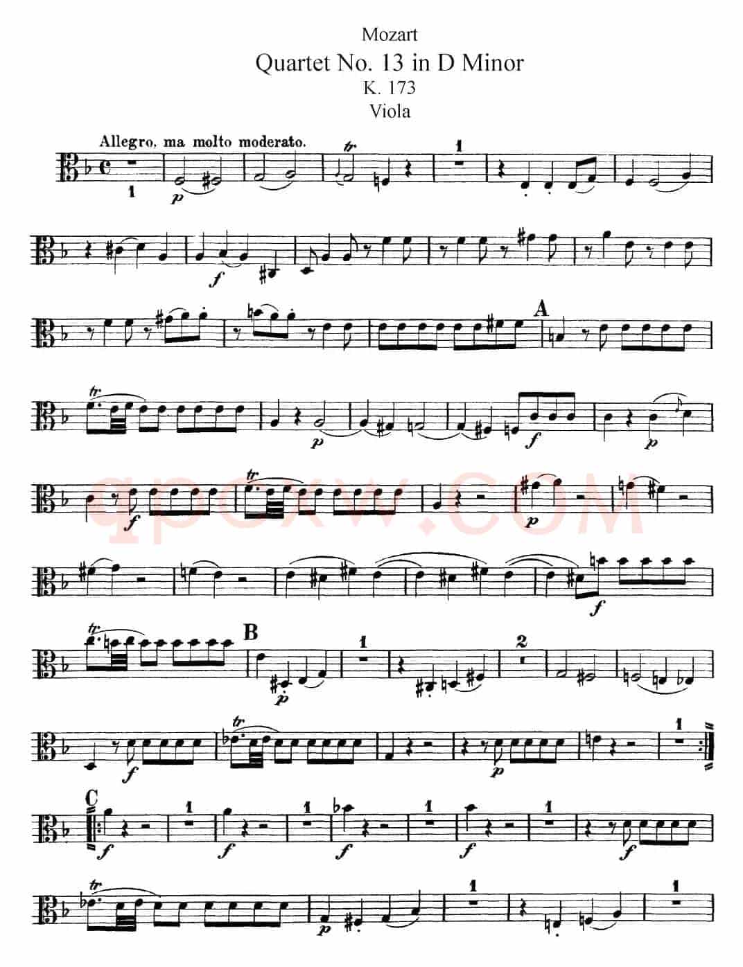Mozart《Quartet No.13 in D Minor,K.173》（Viola分谱）