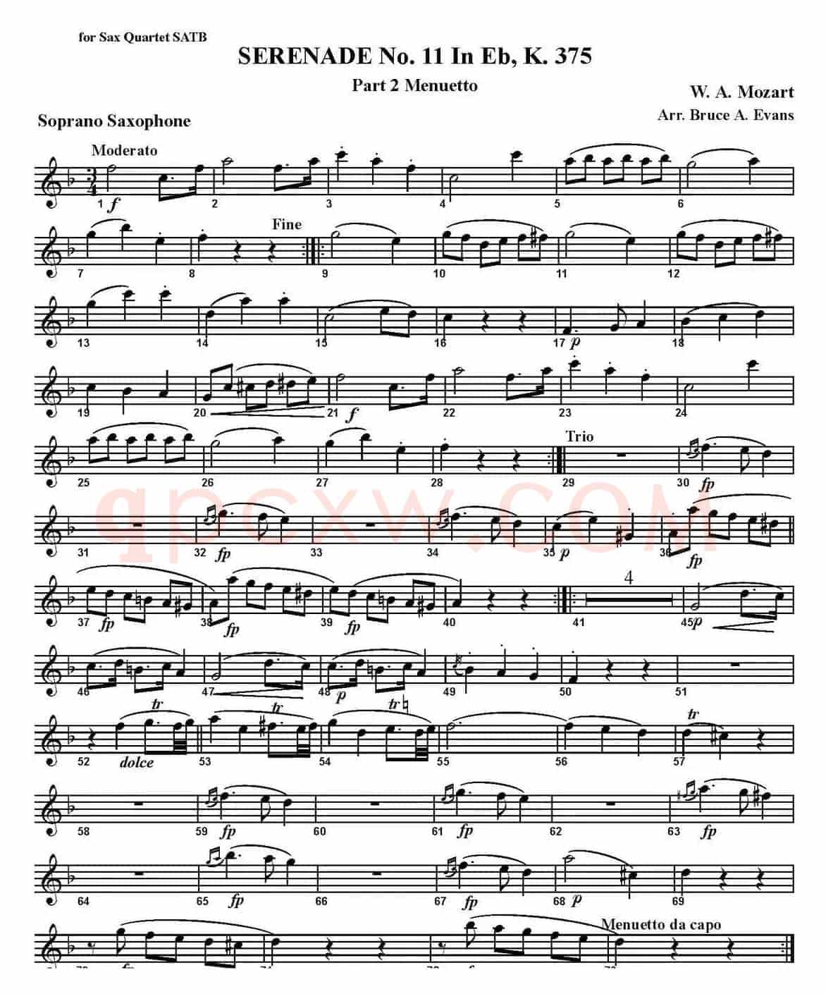 SERENADE No.11 in Eb，K.375 Part 2 Menuetto（四重奏·高音萨克斯分谱）