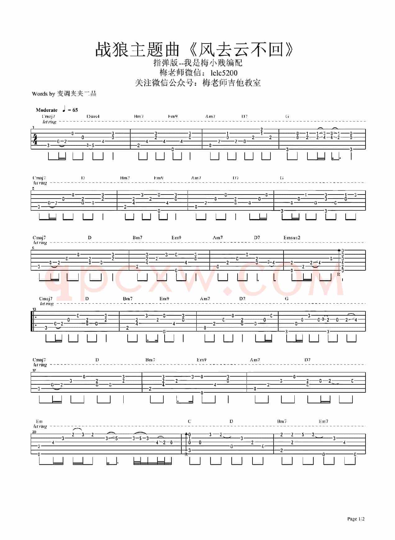 风去云不回（《战狼2》推广主题曲、指弹吉他谱 ）
