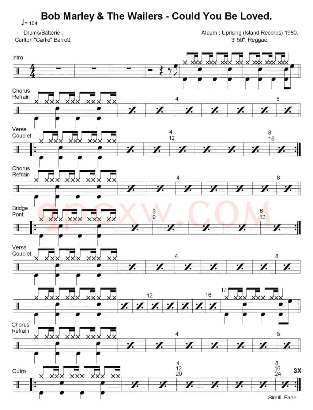 爵士鼓谱：Bob Marley - Could you be loved