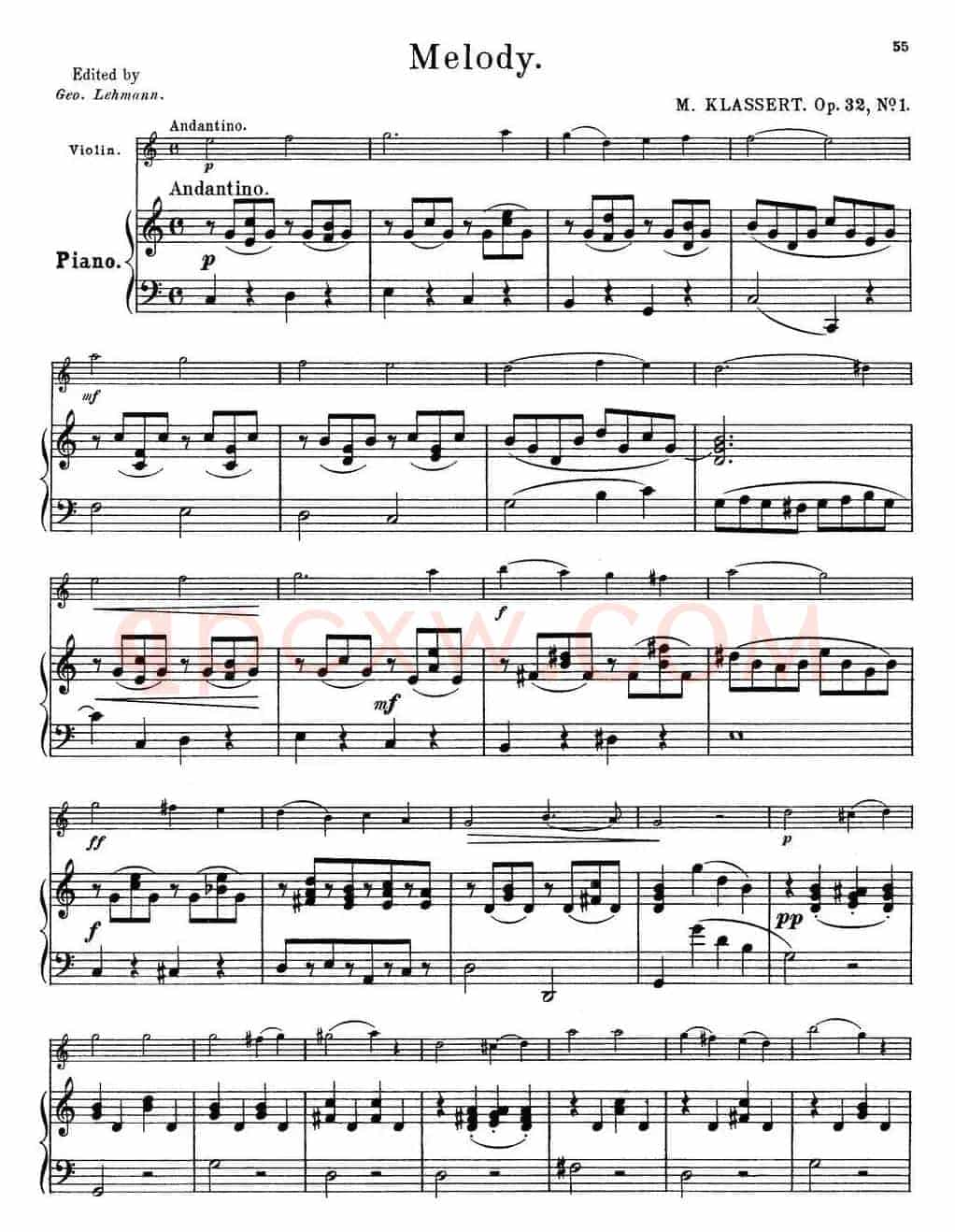 25首小提琴曲合集：Melody.（M. KLASSERT. Op.32，No.1）（小提琴+钢琴伴奏）