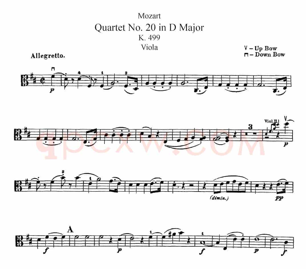 Mozart《Quartet No.20 in D Major,K.499》（Viola分谱）