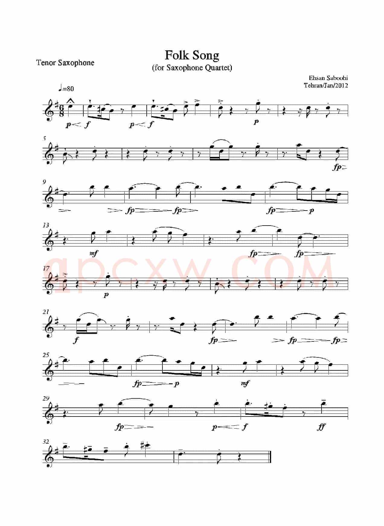 Folk Song（四重奏次中音萨克斯分谱）
