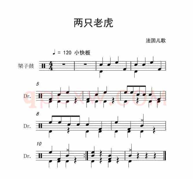 两只老虎（架子鼓谱）