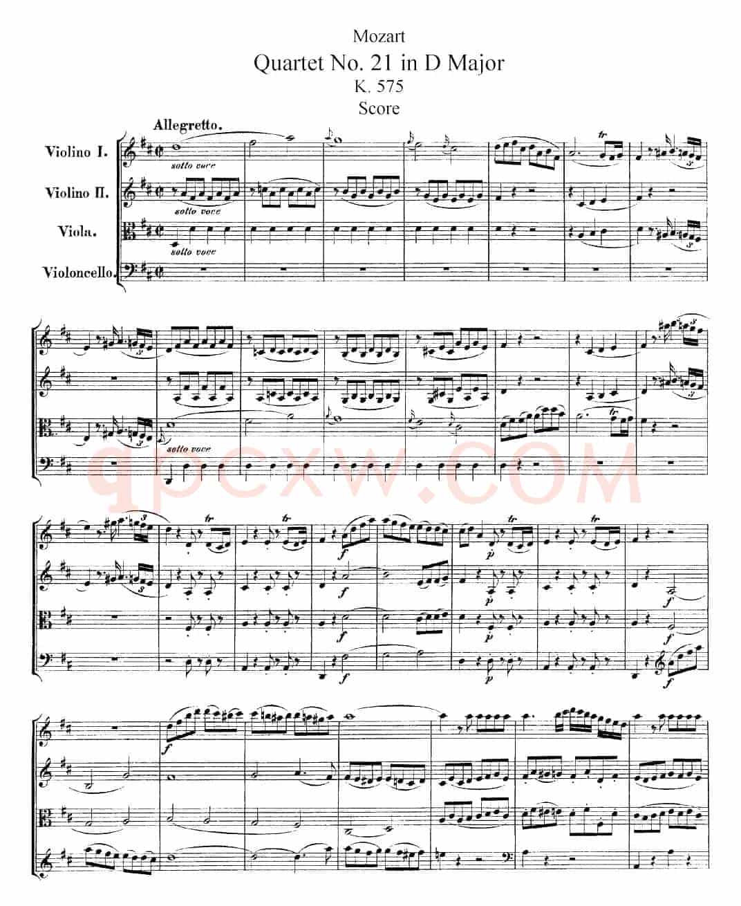 Mozart《Quartet No.21 in D Major,K.575》（总谱）