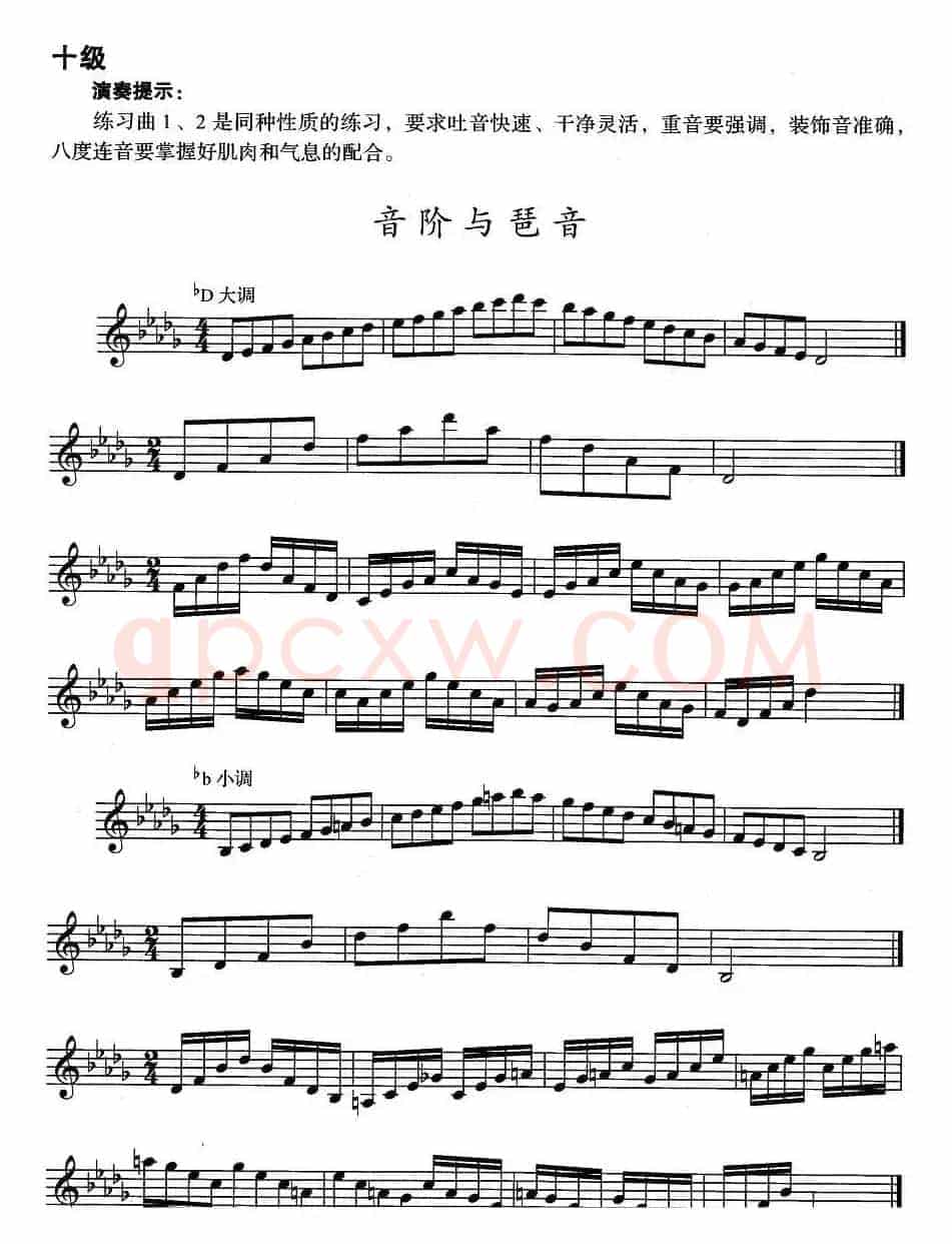 小号考级十级：音阶与琶音（bD大调、bd小调）