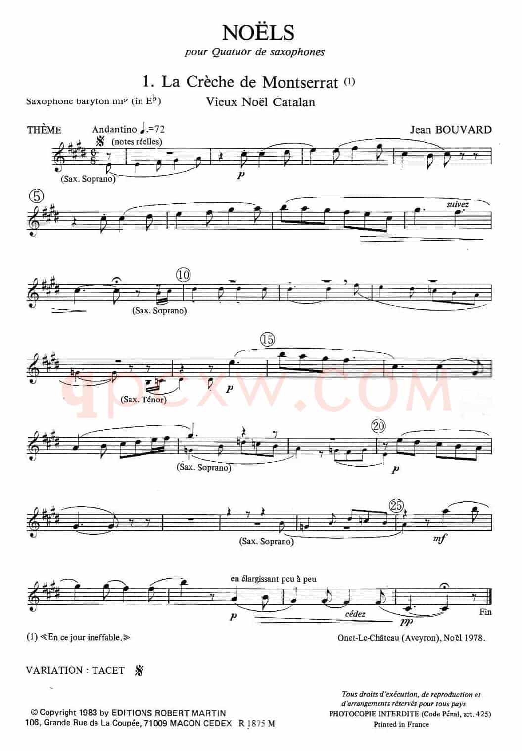 jean Bouvard 编写的6首萨克斯四重奏（低音萨克斯分谱）