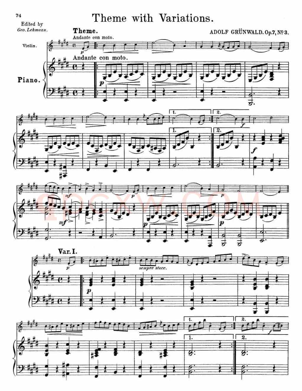 25首小提琴曲合集:Theme with Variations.(ADOLF GRUNWALD.Op.7,No.3)(小提琴+钢琴伴奏)