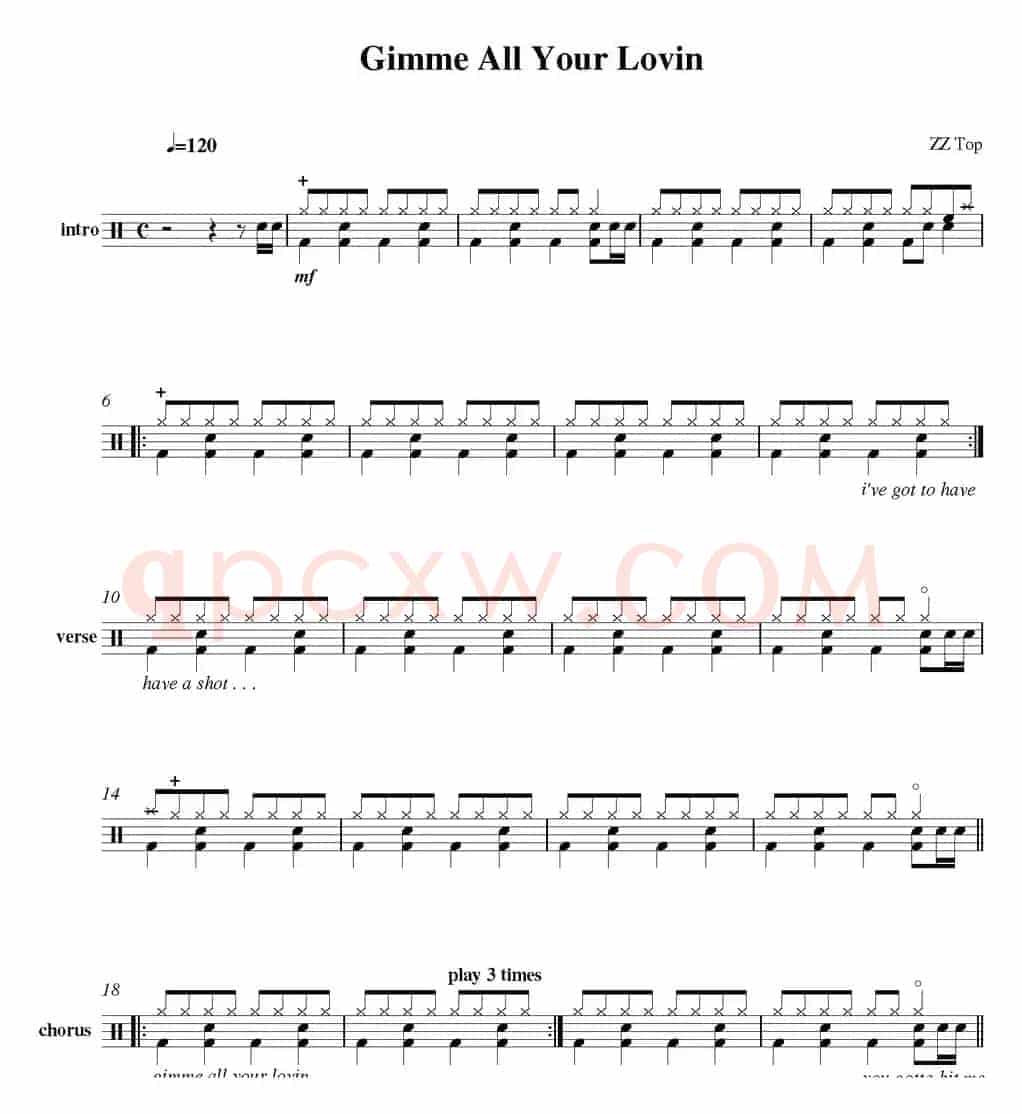 爵士鼓谱：Gimme all your lovin