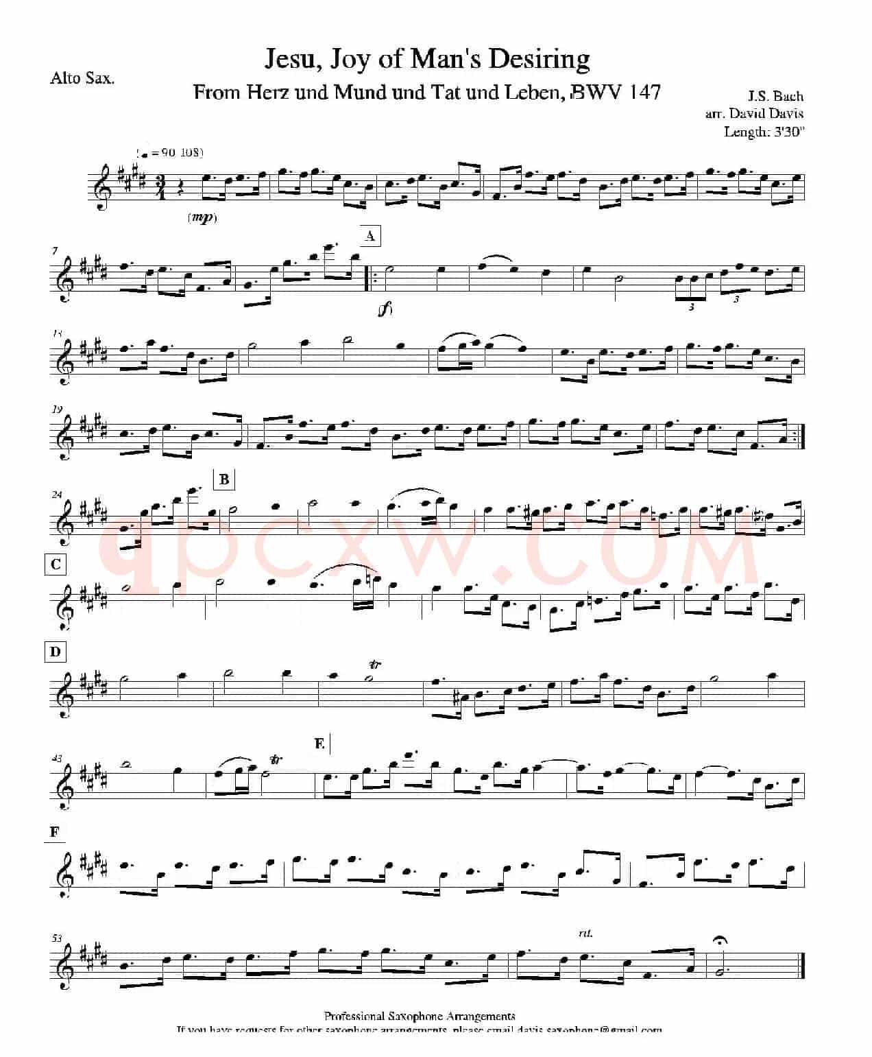 Jesu,Joy of Man's Desiring （四重奏中音萨克斯分谱）