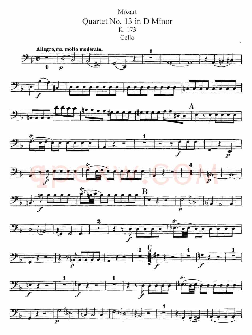 Mozart《Quartet No.13 in D Minor,K.173》（Cello分谱）