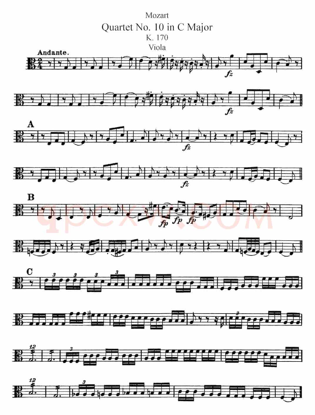 Mozart《Quartet No.10 in C Major,K.170》（Viola分谱）