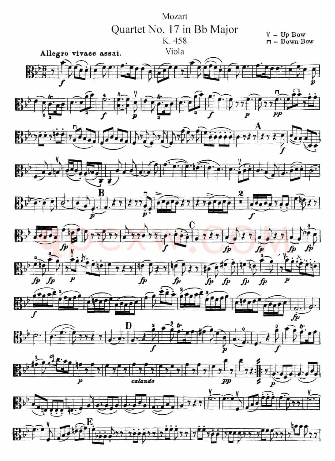 Mozart《Quartet No.17 in Bb Major,K.458》（Viola分谱）