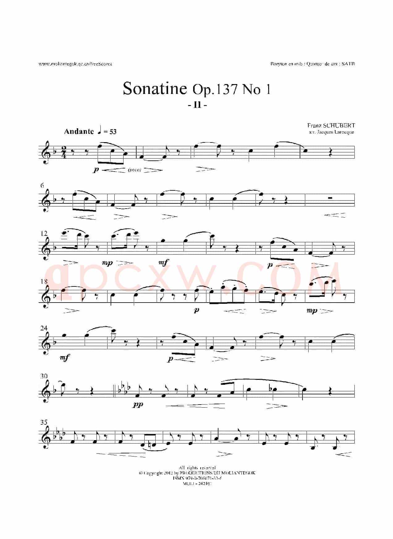 Sonatine Op.137 No 1（四重奏上低音萨克斯分谱）
