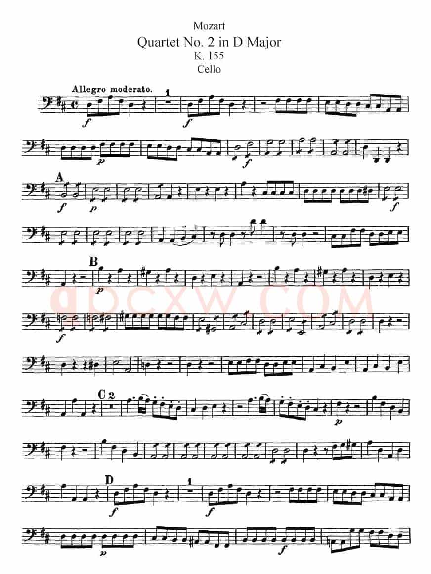 Mozart《Quartet No.2 in D Major,K.155》（Cello分谱）
