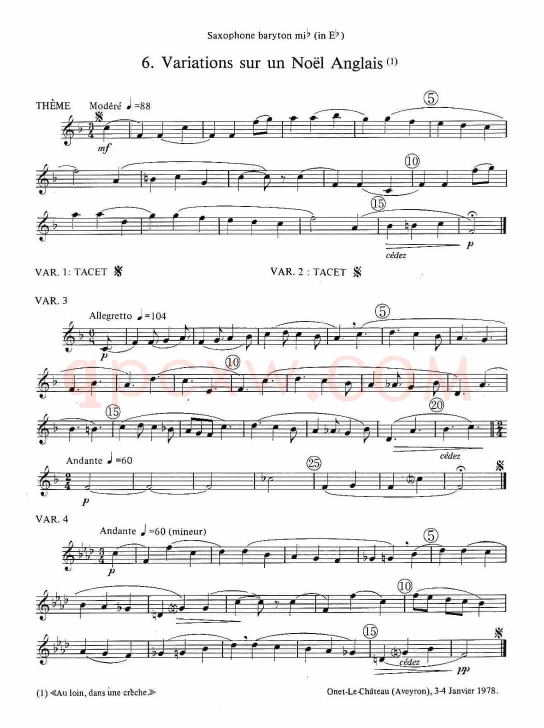 jean Bouvard 编写的6首萨克斯四重奏（低音萨克斯分谱）