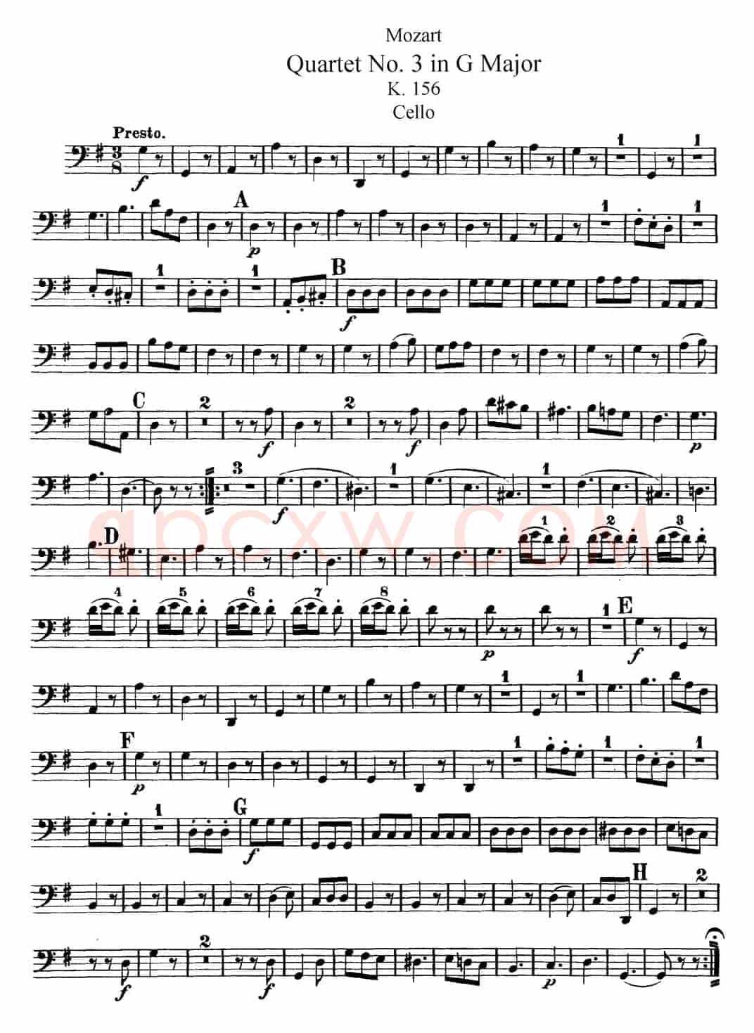 Mozart《Quartet No.3 in G Major,K.156》（Cello分谱）