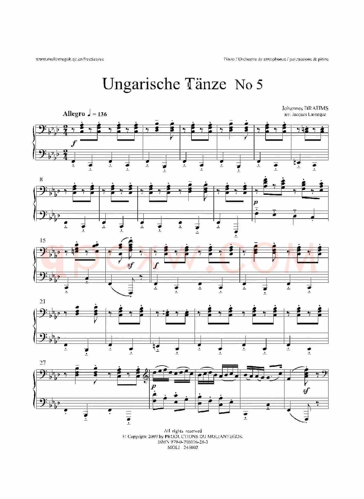 Ungarische Tnze No 5（十五重奏​Piano分谱）