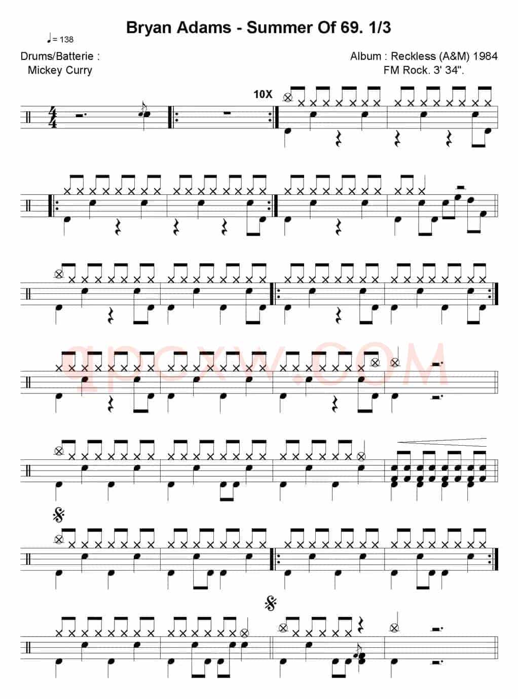 爵士鼓谱：Bryan Adams-Summer of 69