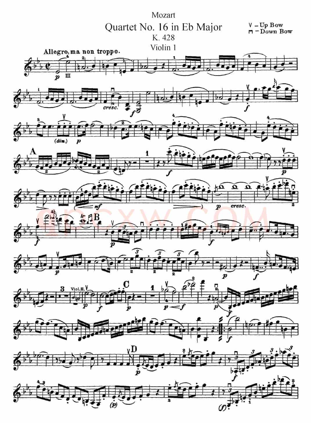 Mozart《Quartet No.16 in Eb Major,K.428》（Violin 1分谱）