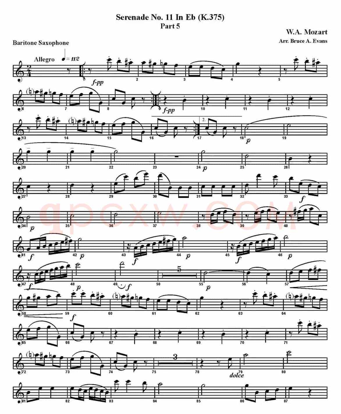 SERENADE No.11 in Eb，K.375 Part 5（四重奏·上低音萨克斯分谱）