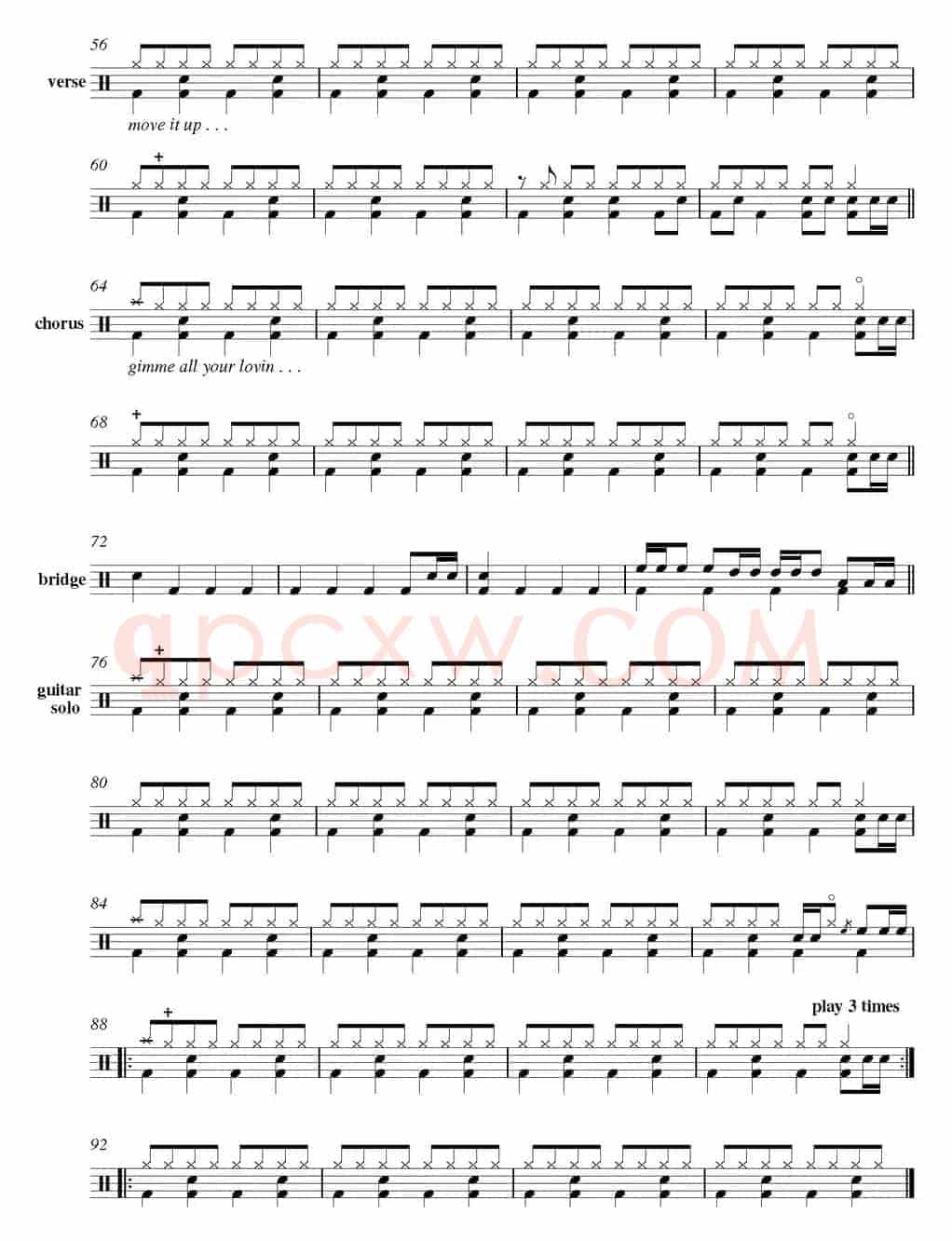 爵士鼓谱：Gimme all your lovin