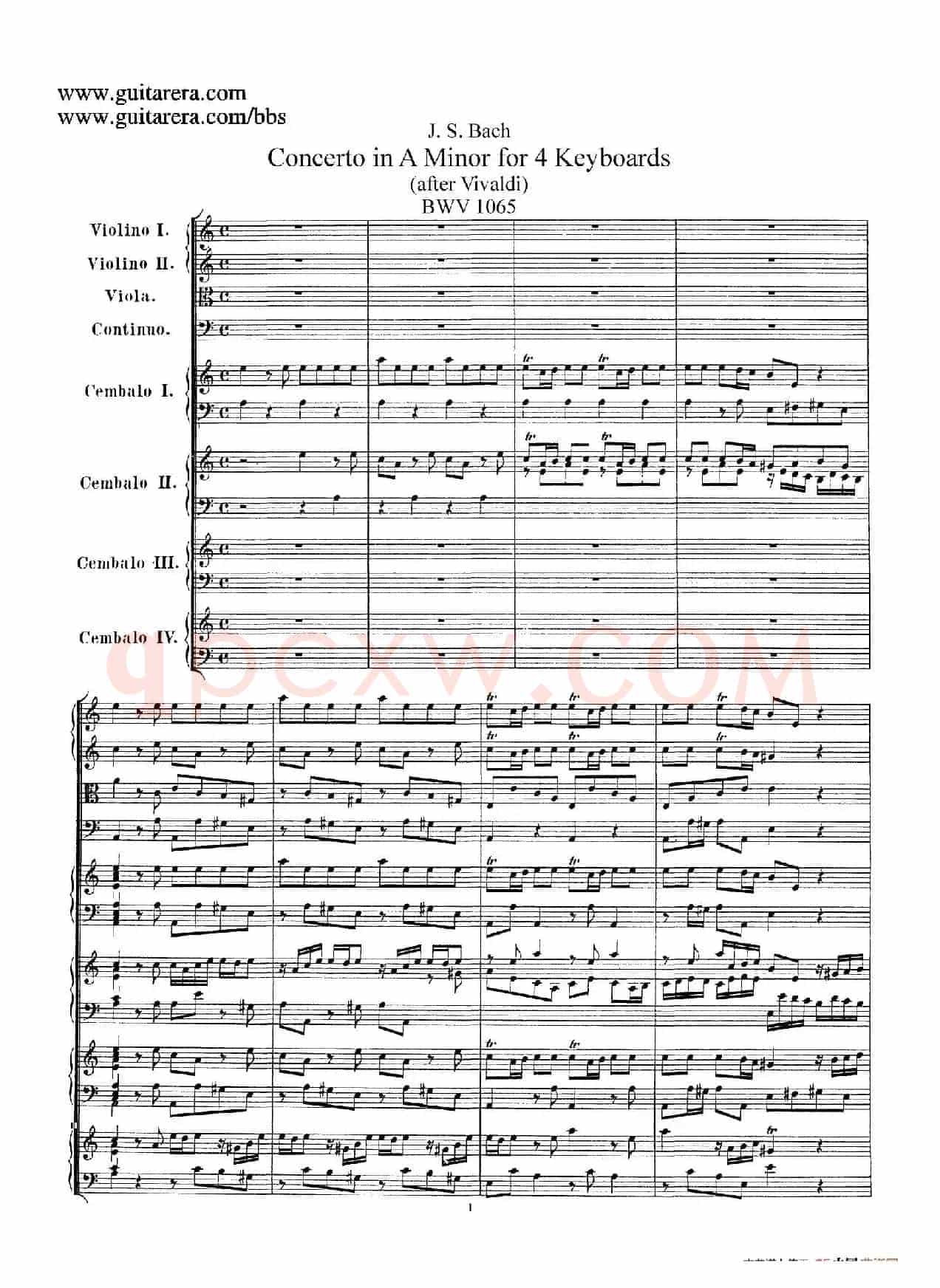 为四架古钢琴而作的a小调协奏曲 BWV 1065(总谱)
