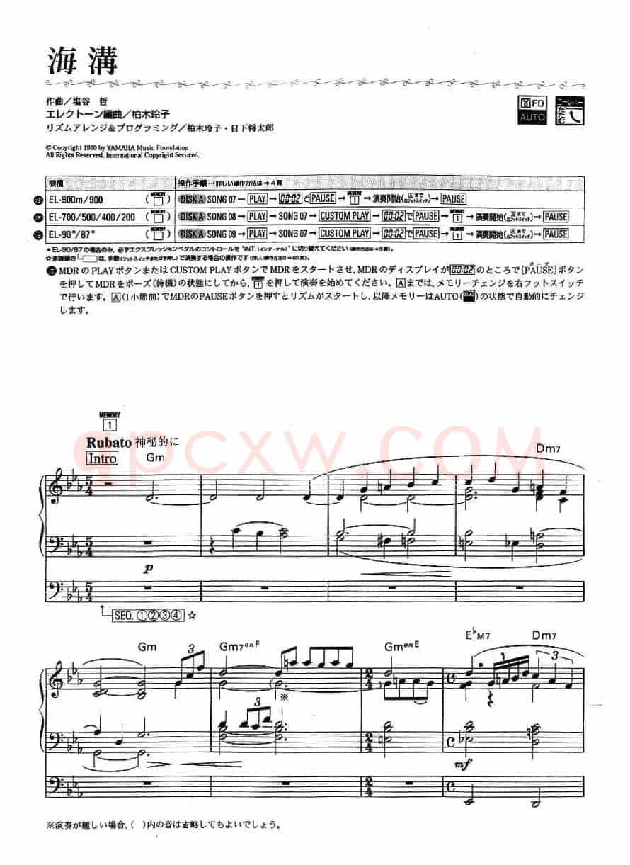 海沟（双排键电子琴谱）