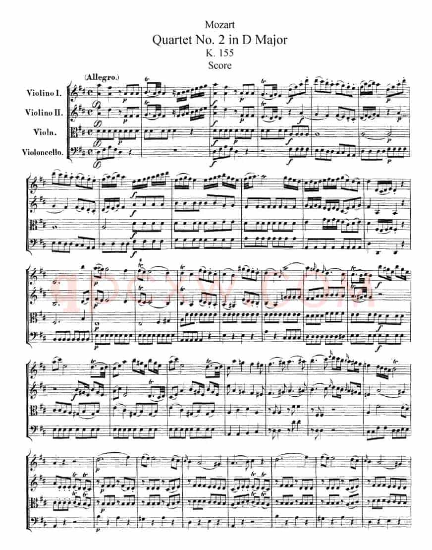 Mozart《Quartet No.2 in D Major,K.155》（总谱）